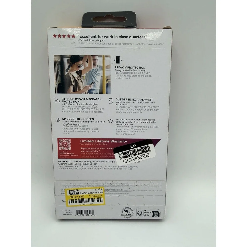 ZAGG Glass Shield Privacy Screen Protector for iPhone 16/15 3x Stronger (New)